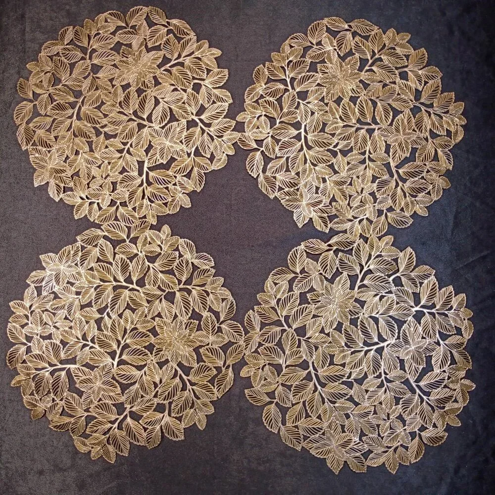 Gold Vinyl Placemats Set of 4 MCM Vintage Style Round Textured Christmas 14.5 in